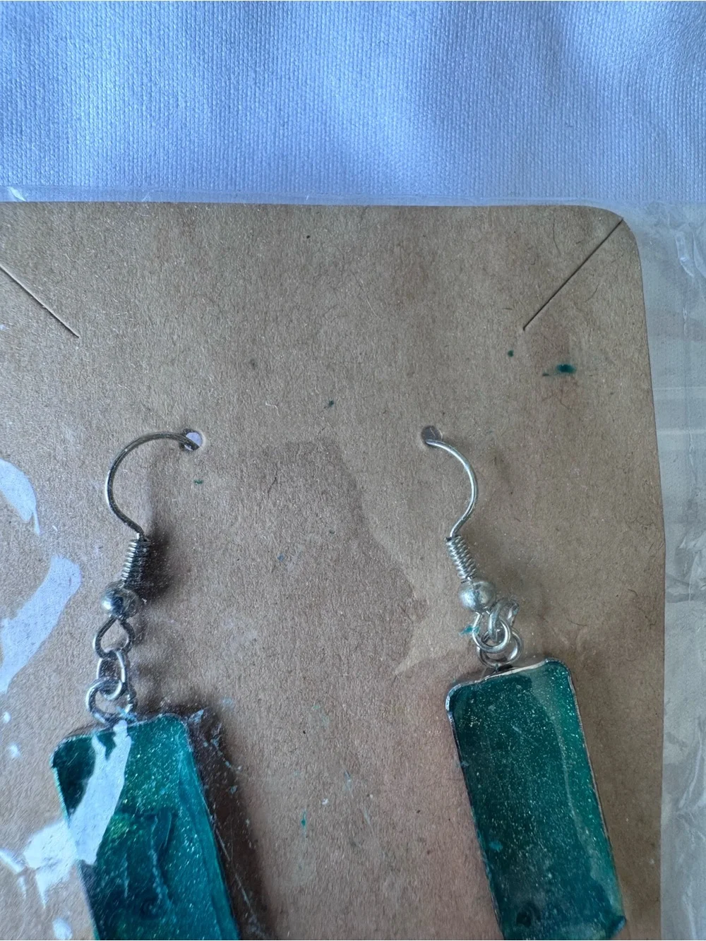 Hand Crafted Teal Green Rectangular Resin Drop Earrings
